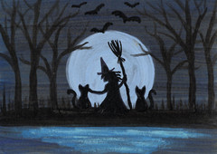 ACEO Mini Tiny *Art Print* Black Cats Halloween Witch Blue Moon Bats by Saulite