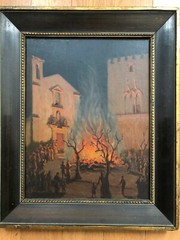 Rare Original Signed Italian Bonfire Painting On Wood Inscription On Back