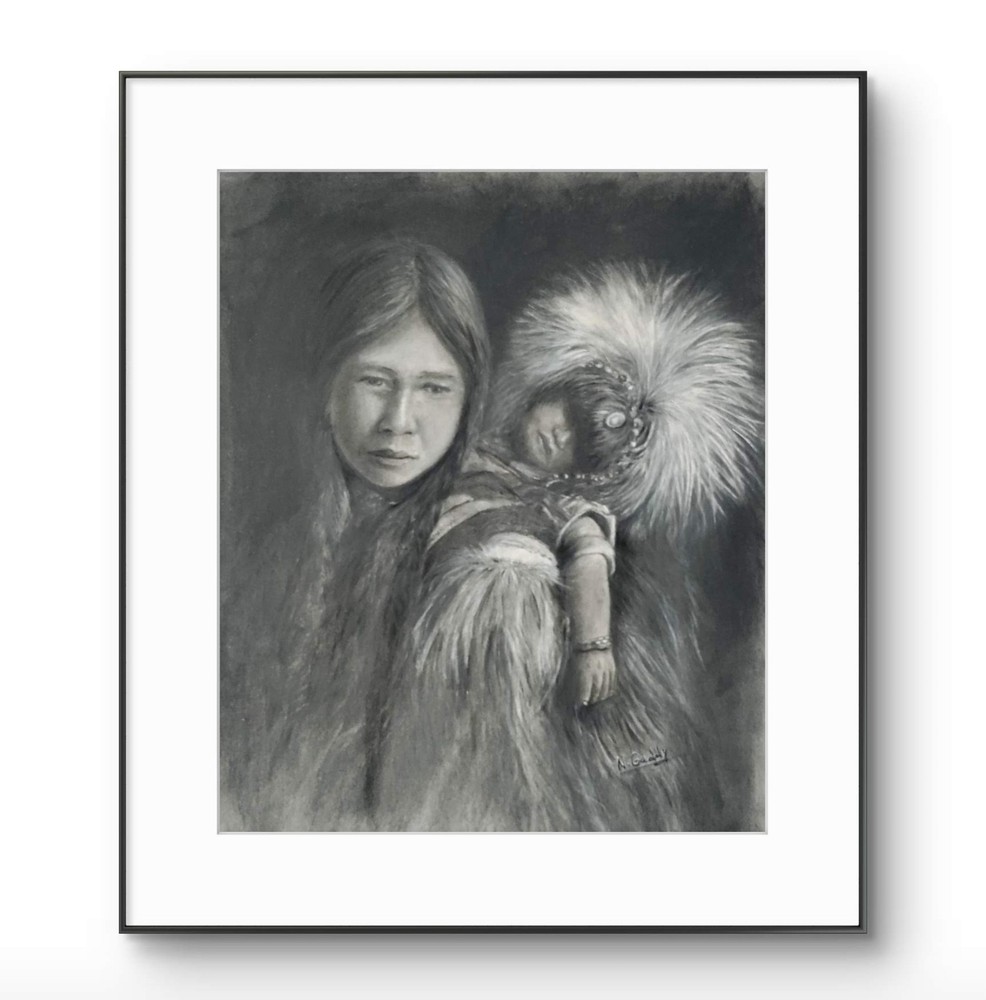 Original Expressive Native American and Child 14 x 11 Pastel on Pastel Paper