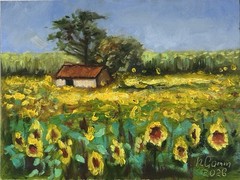 Oil Painting Landscape Sunflowers field Wall Art Gift 18x24cm Small House Gift
