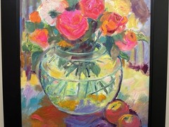 Martha Suhr Rolland Acrylic on Canvas Board Painting, Peaches and Roses