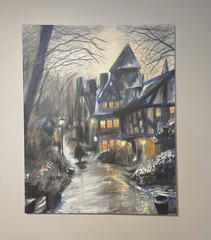 Original Contemporary Autumn Village Street Night Landscape Painting, Unframed