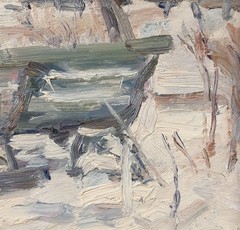 Winter Park Benches, Snowy Landscape with Figures, Oil Painting,Artist Kozlyanin