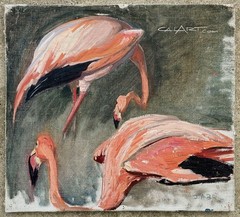 1920s Flamingos Bird Oil Painting by Important Female Artist JESSIE ARMS BOTKE
