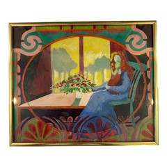 Woman by Window With Art Deco Motif / 1980s Framed Watercolor by Sara Hatch