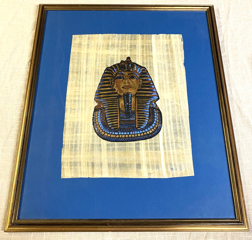 Vintage Egyptian King Tut Painting Papyrus Paper Hand Painted Framed Art 25×21