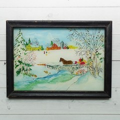 Miniature Naive Folk Art Winter Landscape Watercolor Ink Painting Horse Cart