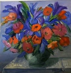 Heddy Kun, Pansies In A Vase, Signed Oil on Canvas 8”x8”