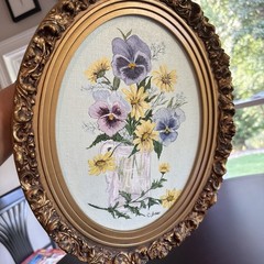 VTG Antique Gold Oval Framed 9 x 12 Oil Painting Purple Pansies Daisies Signed
