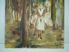 Vintage 1972 Signed Oil Painting, Figures in the Forest, Signed Ridi, 72 x 38 cm