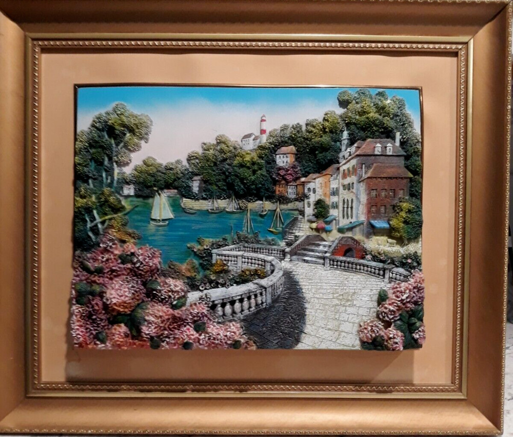 3D Embellished Ceramic Painting Canvas Coastal Portofino Framed 20×24″ Vintage