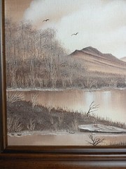 Original Oil Painting Signed Framed/Matted Scenic Lake & Hills Browns Tan Beige