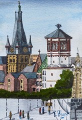 ORIGINAL WATERCOLOUR – Lambertus Church, castle tower and level clock in Düsseldorf.