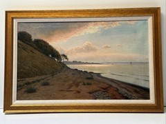 Antique Impressionist Painting Landscape Night Evening Coast Beach Sunset Oil