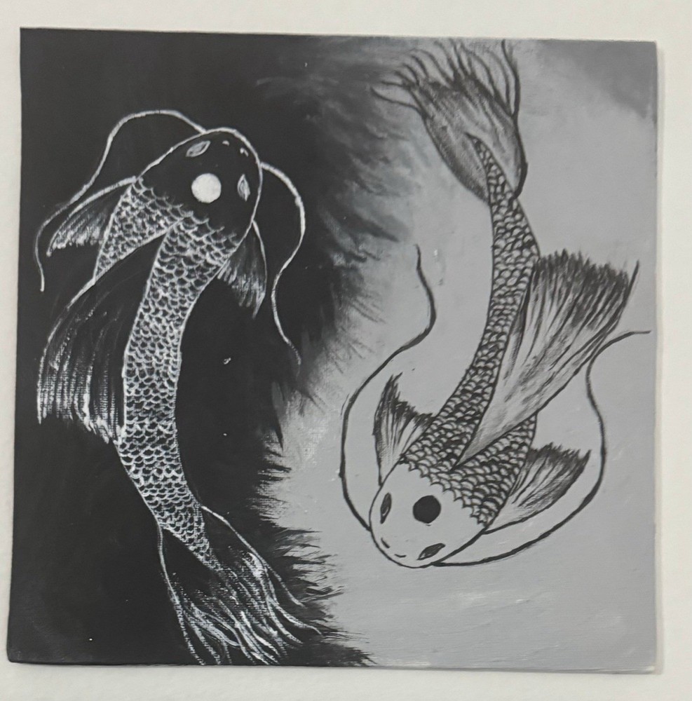 Yin and Yang acrylic Painting on Canvas, Black and White Fish