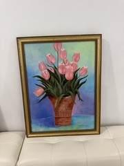 Original Edith Licea Oil Painting 1995 Pink Tulips Floral Framed Signed 21×27