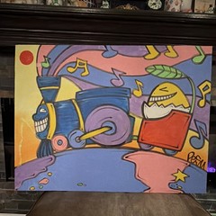 PESU Cartoon Train & Egg Character Acrylic Painting with Music Notes on Canvas