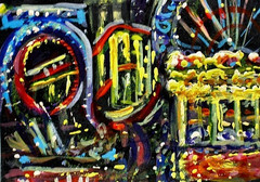 ORIGINAL ACEO Painting CARNIVAL Fair Amusement Park Fireworks Rides Fun ATC ART