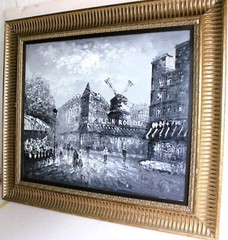 VINTAGE LARGE OIL PAINTING CANVAS SIGNED BURNETT PARIS MOULIN ROUGE MONTMARTRE