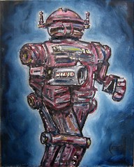 ARMED ROBOT 8×10 canvas Mech art oil painting retro original signed CROWELL