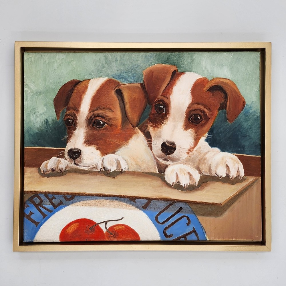 Jack Russell Terrier Puppies in Box Original Oil Painting 16×20 Canvas Dog Decor