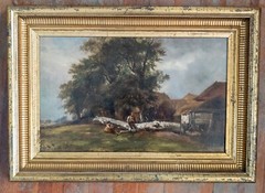 Antique English or Continental Landscape Genre Painting Unsigned Great Frame