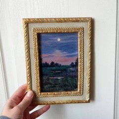 Miniature Moon Landscape Painting Original Night Vintage Ornate Frame Art Purple