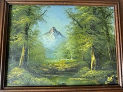 Vtg Original Painting Canvas Valley Mountains Forest Wooden Frame 20”x18” Scenic