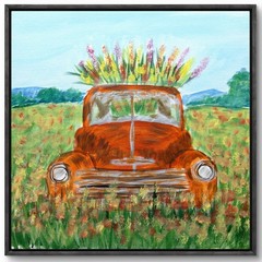 Original Hand Painted 14×14 Canvas Rusty Truck Acrylic Flowers Impressionist Art