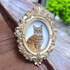 Tabby Cat watercolor art print in mini gold ornate frame, Gift, Decor, Pet