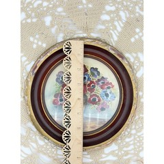 Antique Signed Watercolor 1940s Round Framed Glass Pansies in Vase Wall Hanging