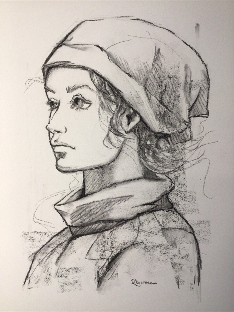 Original Charcoal And Graphite Sketch, 9×12 Inches, Orthodox Worker Girl