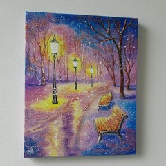 Original Oil Winter Landscape Painting Snow Park Benches Canvas Wall Art Decor