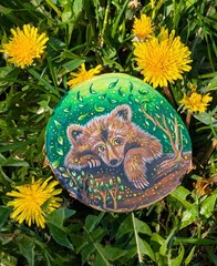 Original Two Sided Bear Cub Wood Slice Art Handmade, Forest Art, 9×8,4 cm.