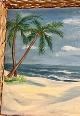 Vintage ORIGINAL Coastal Beach Palms Large Tropical Tray Board Painting SIGNED
