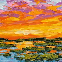 Sunset Over Marsh Painting Oil Original Low Country Art Evening Sky Scenery Art