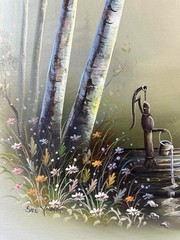 Sue Young Oil Painting 31×27 Country Cabin Landscape Pump Flowers Framed Art