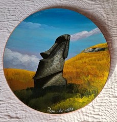 Hand Painted Plate Copper Moai Statue Landscape Easter Island Chile Rapa Nui