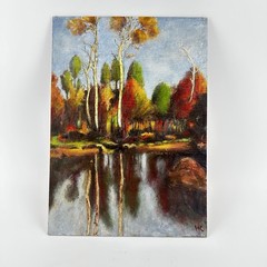 Original Signed Painting Reflections 14×10 Autumn Trees By Lake Landscape Fall