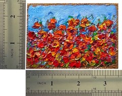 ACEO Original Oil Painting Poppies Blooming Canvas Impasto 2.5×3.5in Signed OS