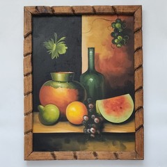 Vintage Still Life Oil Painting Original Fruit Wine Bottle Carved Wood Frame MCM