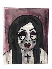 Original Painting Goth Girl Red Lipstick Dark Art Canvas Gothic Cross Woman