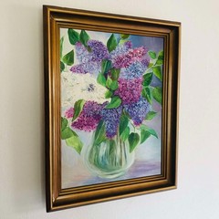 Original Oil Painting Lilac Flowers Still Life Vertical Framed 18.3×14.2 in
