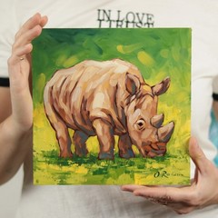 Hand-Painted Rhino Artwork Original Animal Oil Painting Wildlife Wall Art Signed