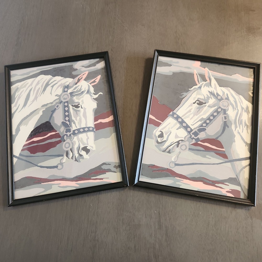 Vintage Framed Paint By Number Horse Pictures Set of 2 Retro Equestrian Folk Art