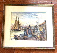 VTG Nautical Seascape Signed Warshow Watercolor Painting Sailboats Harbor Dock