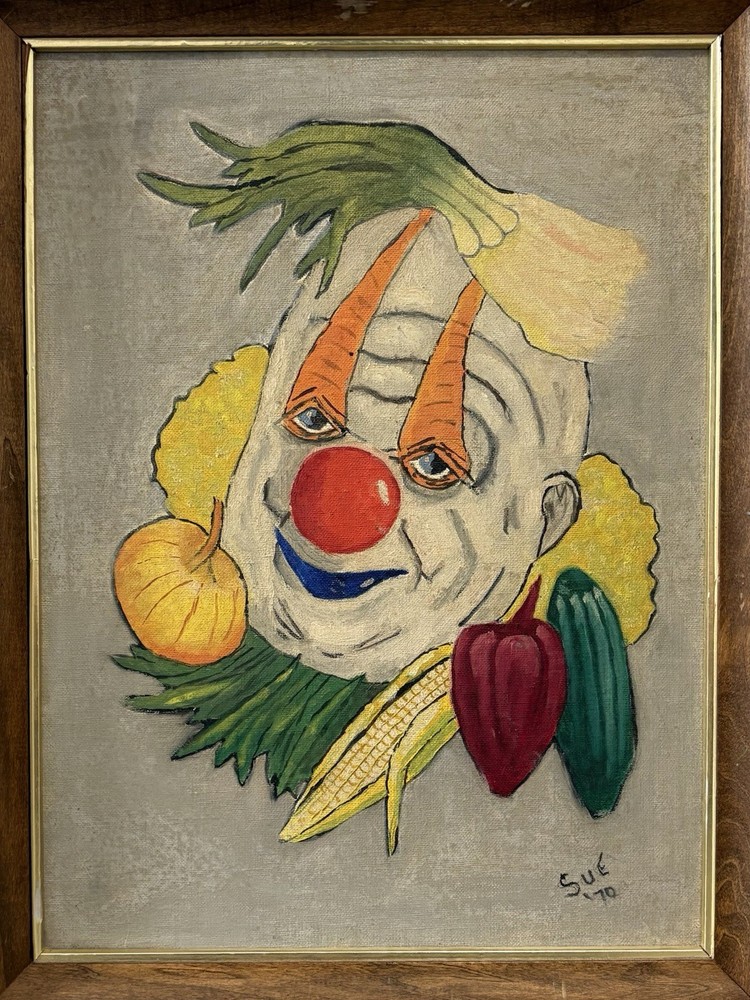 🔥 Vintage Old Outsider NIGHTMARE Vegetable Pogo CLOWN Circus FREAK Oil Painting