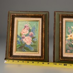 VTG 1960’s Pair Still Life Floral Oil Paintings in Green Gold Frames 11” X 9”