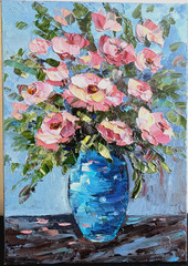 ORIGINAL OIL Painting “ ROSES in VASE“ impasto 7″x5″ by Olga Diduh.