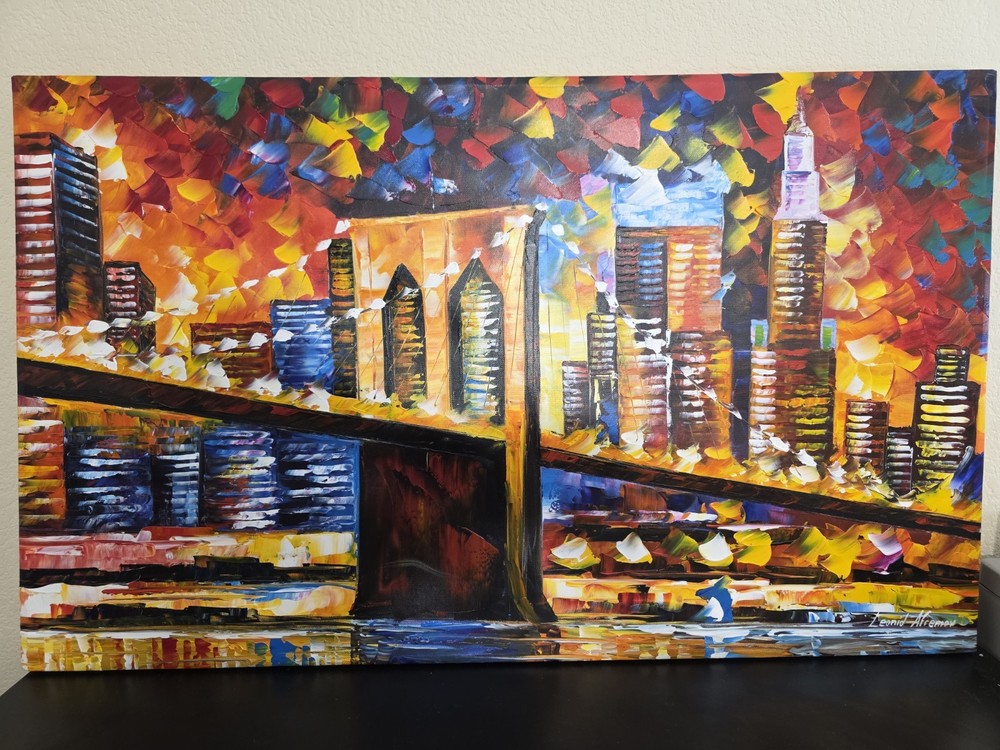 Leonid Afremov Style Oil Painting on Canvas Brooklyn Bridge 39″x24″ Signed W/COA